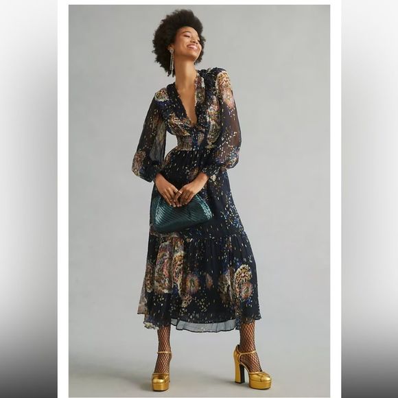 Anthropologie Dresses & Skirts - Brand new With Tags Anthro Navy Smocked V Neck Maxi Dress Size Small